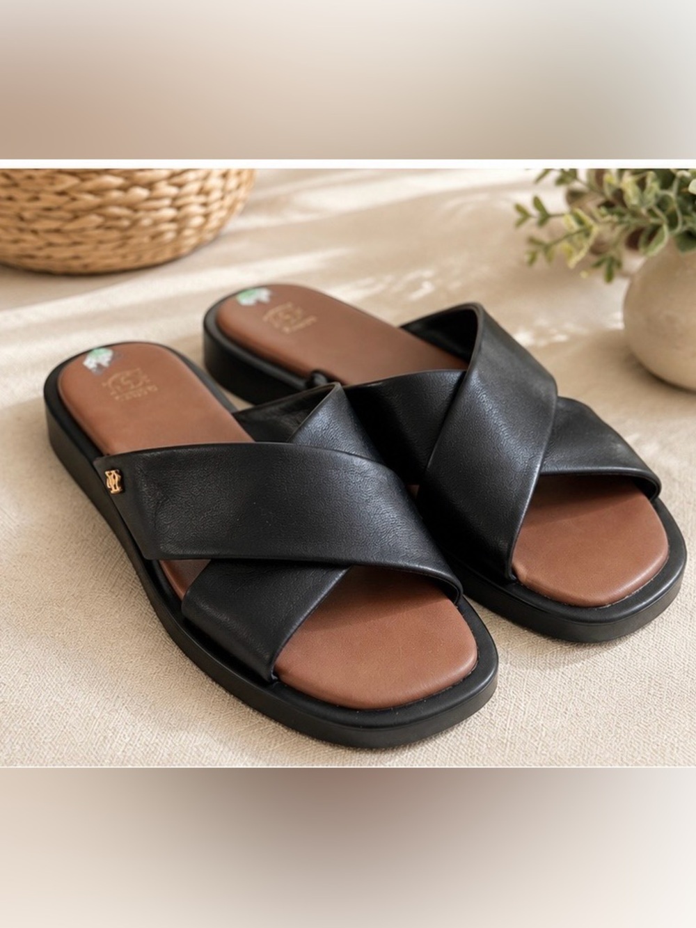 Dune London Black Cross Strap Slide Sandals Size 9